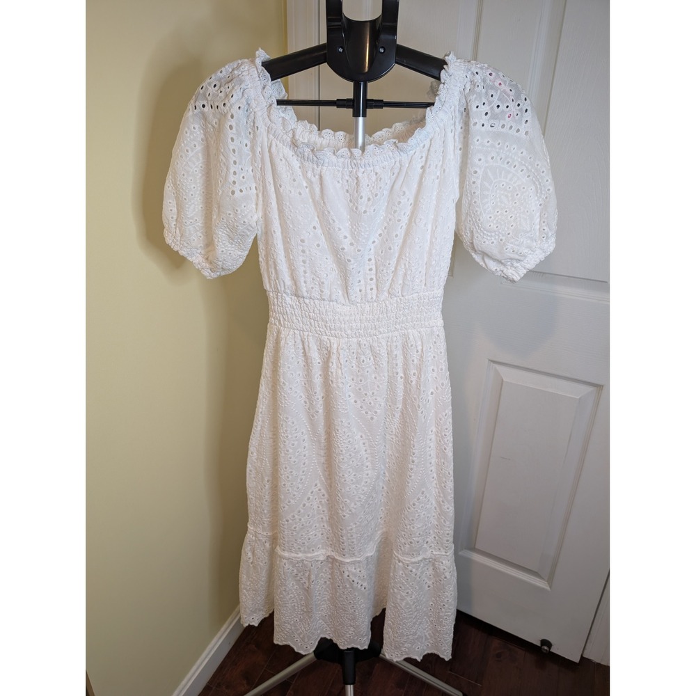 Betsey Johnson Eyelet Dress Womens White Cotton Smocked Midi